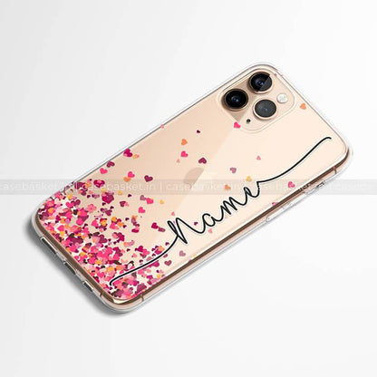 Transparent mobile case with pink and red heart confetti design and customizable name text