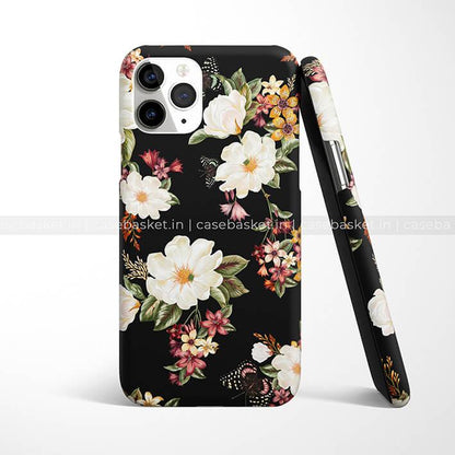 Black floral phone case with white and pink flower design for smartphones