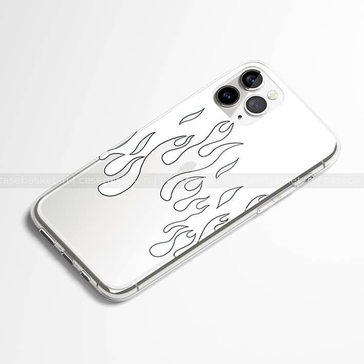 Clear phone case with black flame design for modern smartphones, stylish protective cover.