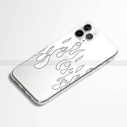 Clear phone case with black flame design for modern smartphones, stylish protective cover.