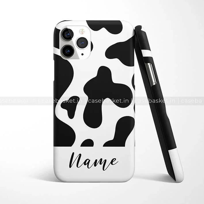 Black and white cow print phone case with customizable name text, modern design