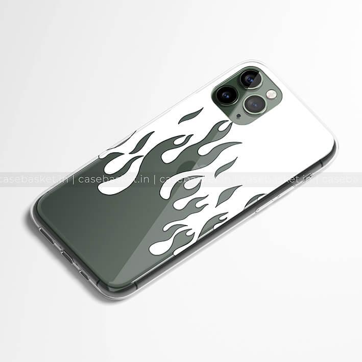 Clear phone case with white flame design on smartphone, stylish mobile cover