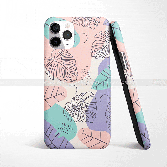 Colorful leaf-patterned phone case for iPhone, pastel abstract design, shown front and side.
