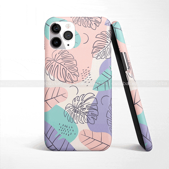 Colorful leaf-patterned phone case for iPhone, pastel abstract design, shown front and side.