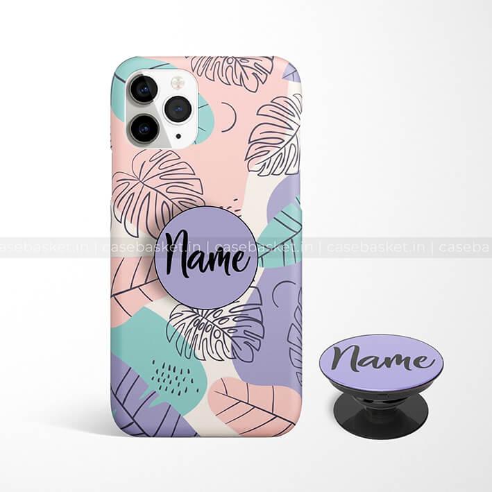 Colorful pastel leaf pattern phone case with matching pop socket, customizable name text