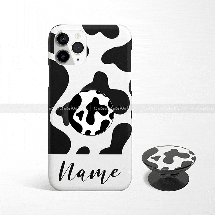 Cow print mobile phone case and pop grip with customizable name, black and white design