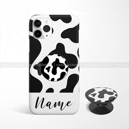 Cow print mobile phone case and pop grip with customizable name, black and white design