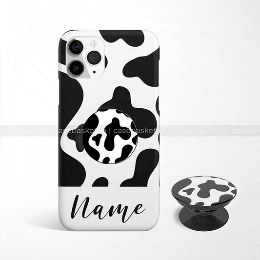 Cow print mobile phone case and pop grip with customizable name, black and white design