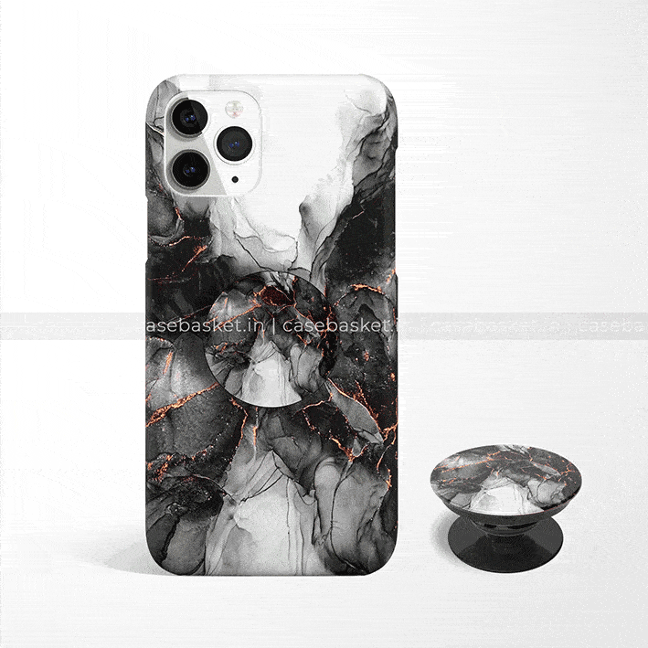 Black marble phone case with gold veining and matching pop socket for smartphones