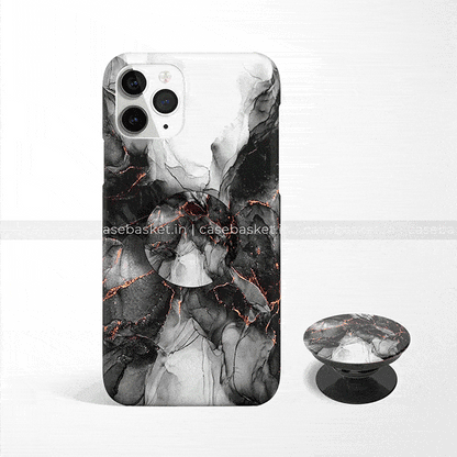 Black marble phone case with gold veining and matching pop socket for smartphones