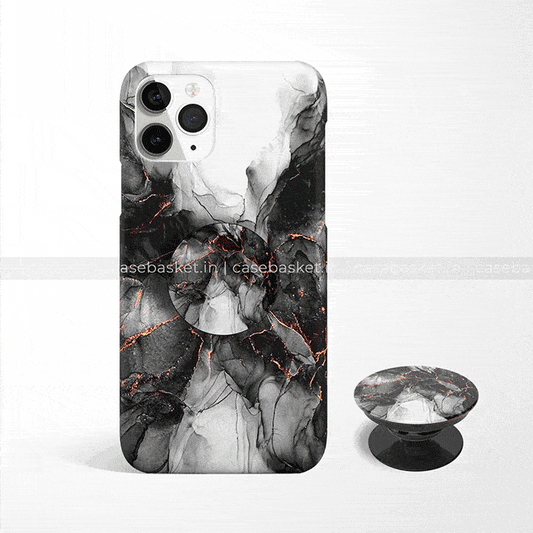 Black marble phone case with gold veining and matching pop socket for smartphones