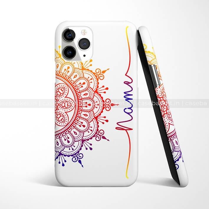 Multicolor mandala design phone case with customizable name on white background