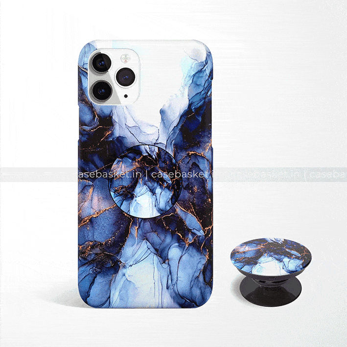 Blue marble pattern mobile phone case with matching pop socket and gold accents