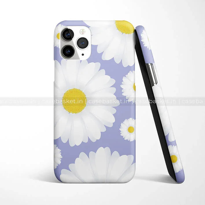 Purple phone case with white daisy floral print for mobile phones