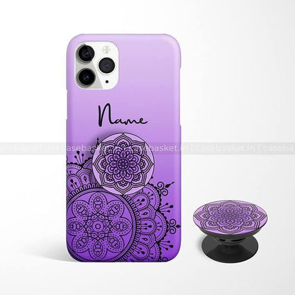 Purple mandala pattern phone case with customizable name and matching phone grip