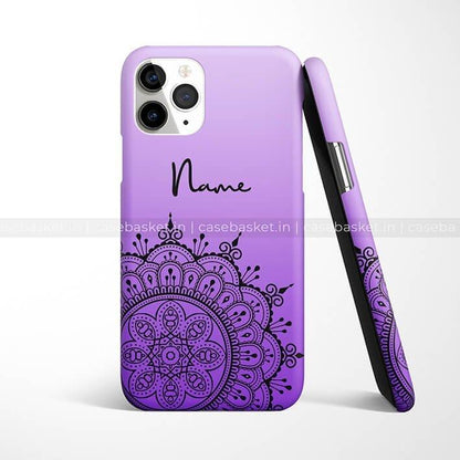 Purple mandala design mobile phone case with customizable name text, slim fit cover