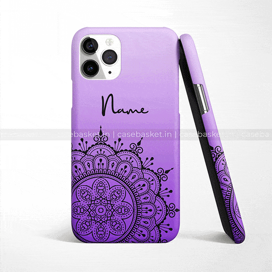 Personalized purple phone case with black mandala design and editable name text for iPhone.