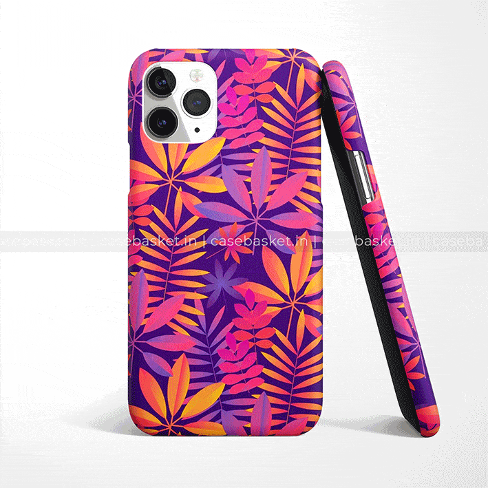 Colorful tropical leaf patterned phone case in purple, orange, and pink for smartphones