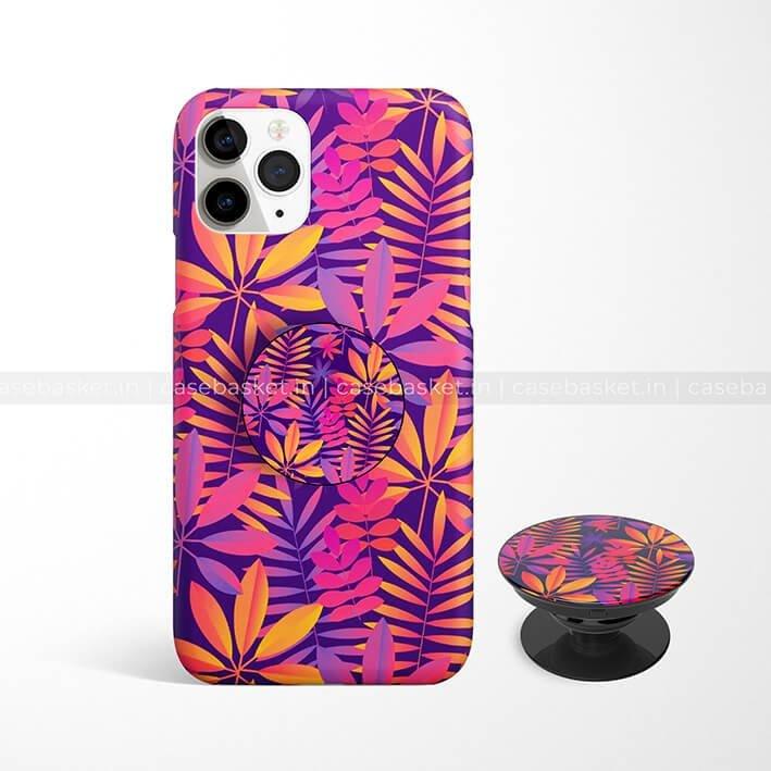 Colorful tropical leaves phone case and pop socket for iPhone, vibrant pink and purple design