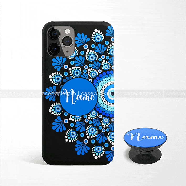 Black phone case and pop socket with blue evil eye mandala pattern and customizable name text.