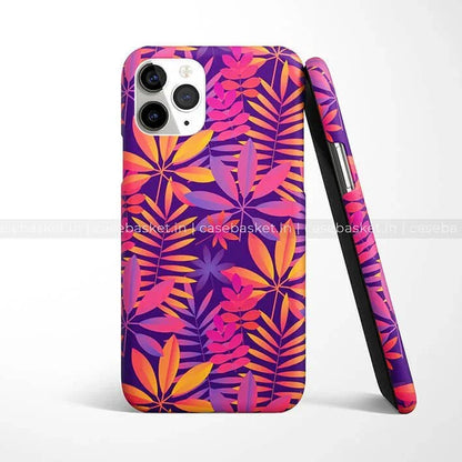 Colorful tropical leaves printed phone case with vibrant purple, orange, and pink pattern