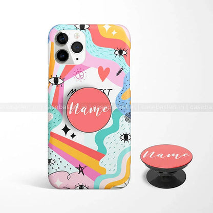 Colorful abstract phone case with hearts, eyes, and custom name pop socket for smartphone
