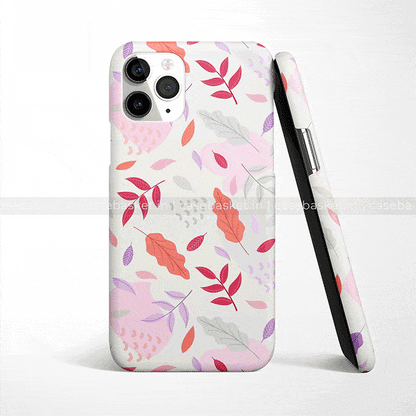 Floral pastel phone case with red, pink, and purple leaf pattern for iPhone
