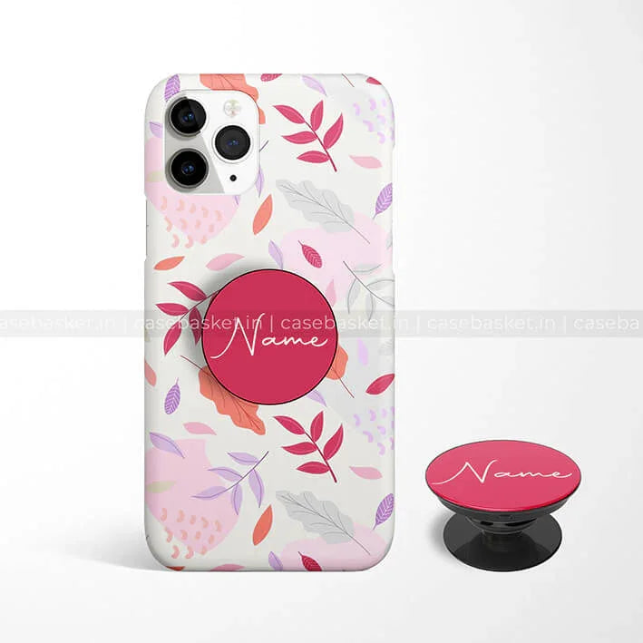 Floral pastel phone case with red pop socket and customizable name text for mobile protection