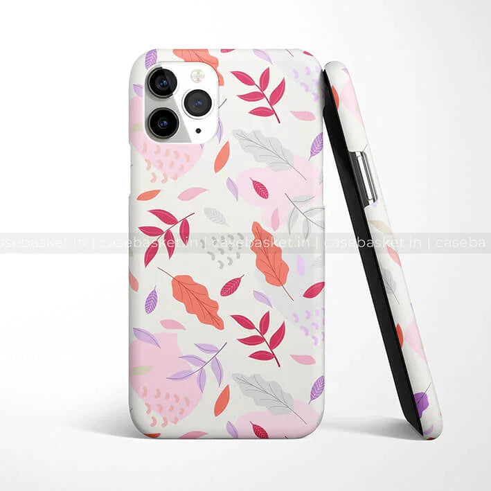 Floral pattern phone case with red, orange and purple leaves on a white background