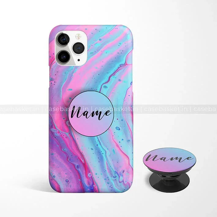 Colorful marble phone case and pop socket with pink and blue swirl design and custom name text