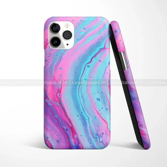 Colorful abstract blue and pink swirl phone case for iPhone with glossy finish