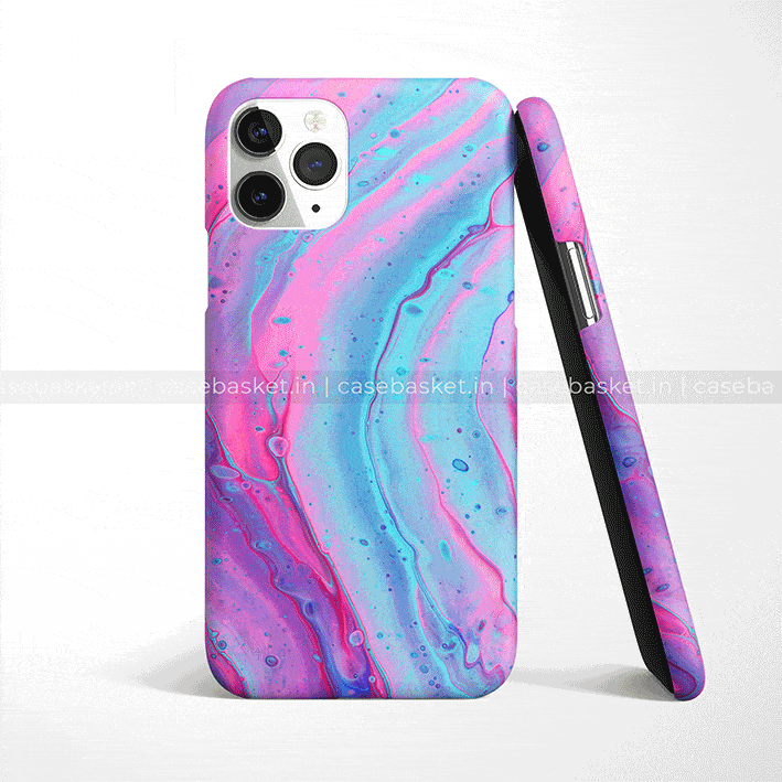 Blue and pink marble swirl phone case on smartphone, colorful artistic design, rear and side view