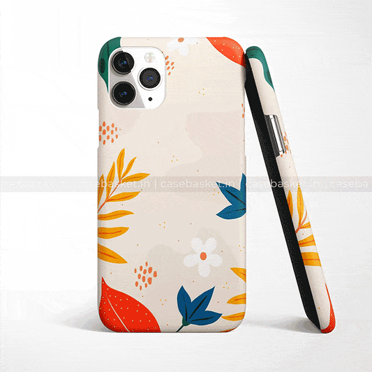 Colorful floral phone case with yellow, blue, and red leaves on a beige background