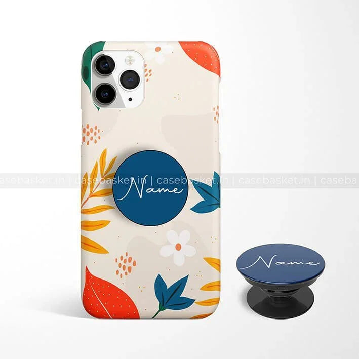 Floral phone case with pop socket, colorful leaves, and personalized name design