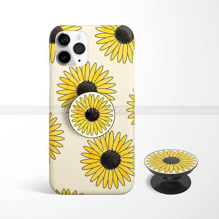 Yellow sunflower design phone case with matching pop grip for mobile phones