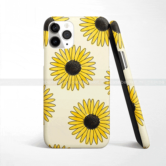 Yellow sunflower pattern mobile phone case with camera cutout, displayed upright