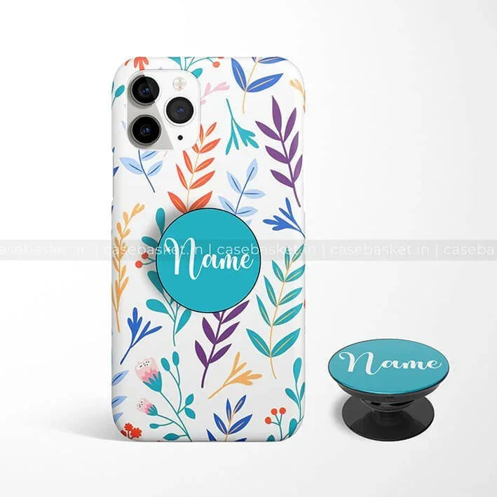 Floral phone case with colorful leaf pattern and customizable pop socket for mobile phones.
