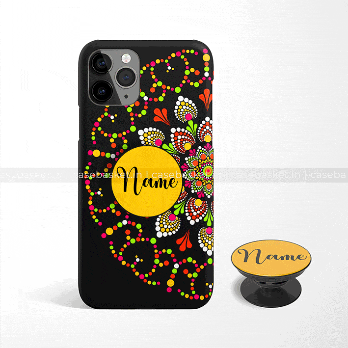 Black phone case and matching pop socket with colorful mandala pattern and customizable name section