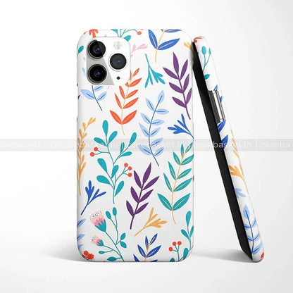 Colorful floral printed phone case with botanical leaf pattern on white background