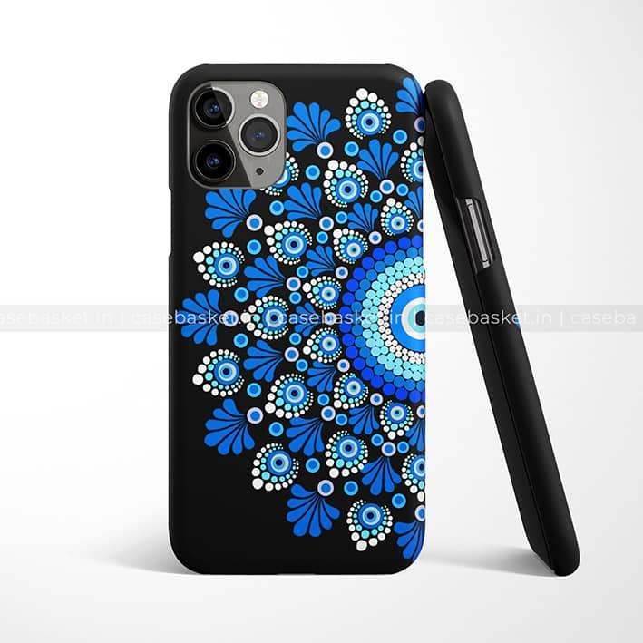Black phone case with blue mandala dot art design, modern protective mobile cover