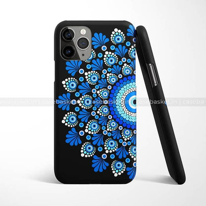Black phone case with blue mandala dot art design, modern protective mobile cover