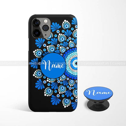 Blue dot mandala phone case and pop socket combo with customizable name design