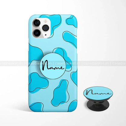 Blue phone case and pop socket set with abstract shapes and customizable name text