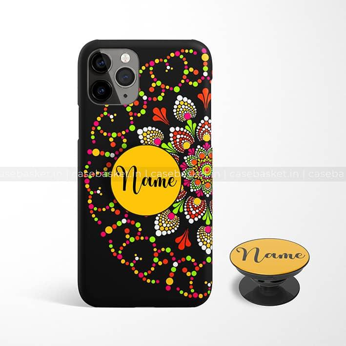 Colorful dot mandala pattern phone case with customizable yellow name area and matching grip