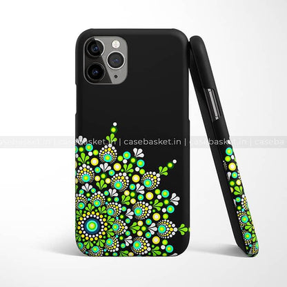 Black phone case with green and blue mandala dot art floral pattern design