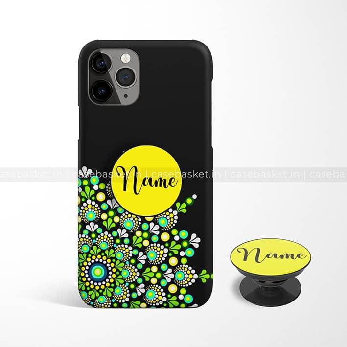 Black phone case with green dot mandala pattern, yellow name circle, matching pop socket