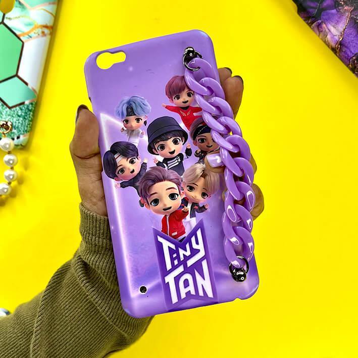 Purple Tiny Tan cartoon phone case with chain charm and seven chibi characters design