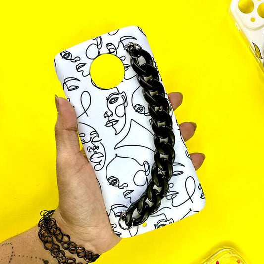 White phone case with abstract face line art and black chain handle, held against yellow background