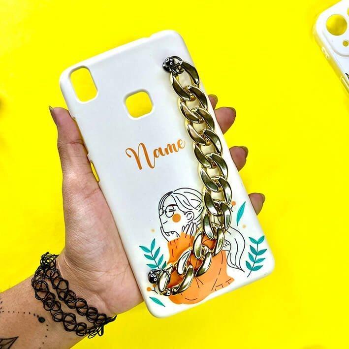 White phone case with gold chain, woman illustration, custom name text, yellow background