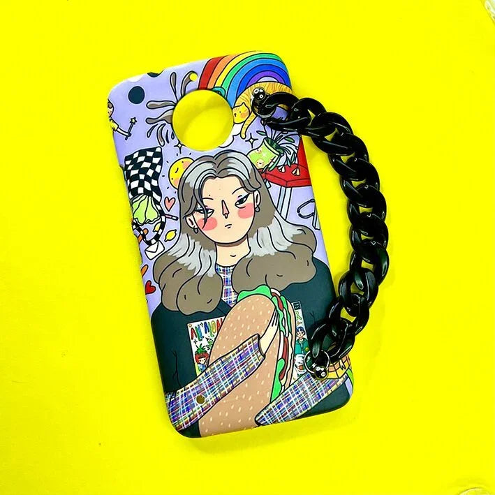 Colorful cartoon girl phone case with rainbow, chain handle, and vibrant doodle design on yellow background